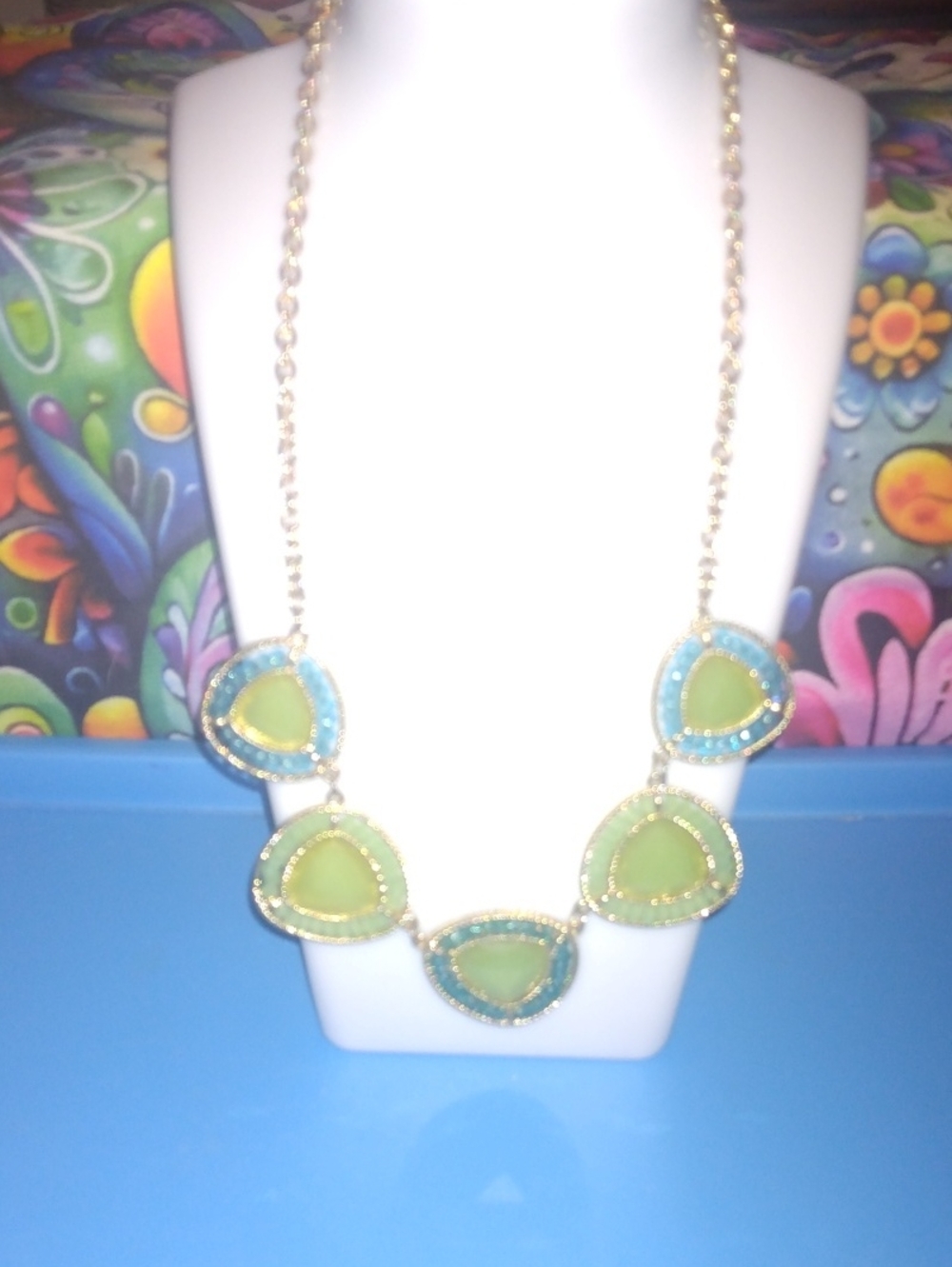 Gold-Tone Blue and Green Teardrop Statement Necklace